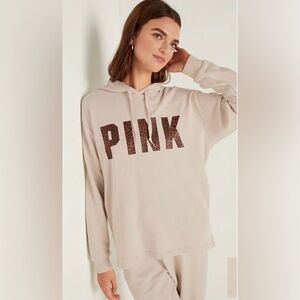 Victoria's Secret PINK Leopard Campus Pullover Hoodie Vanilla Bean M